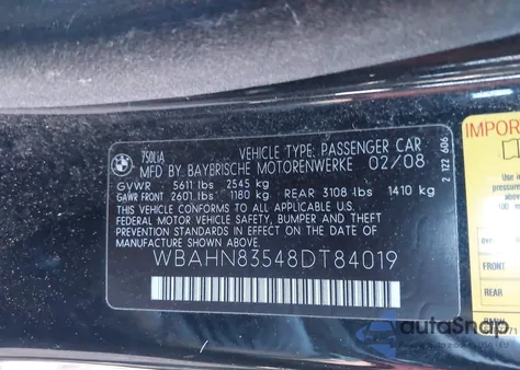 2008 BMW 750Li z USA, uszkodzony, nr VIN WBAHN83548DT84019